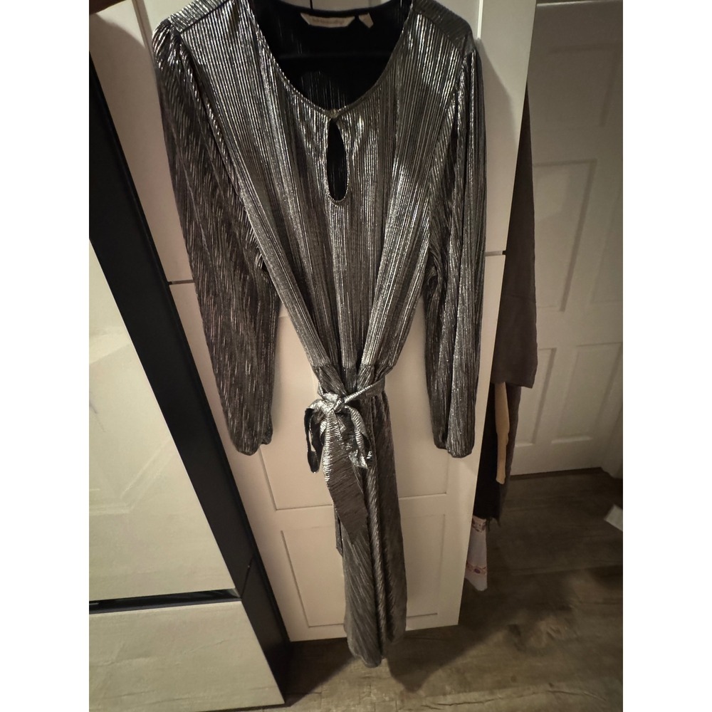 Soft Surroundings Silver Metallic Plisse Midi Dress Keyhole Balloon Sleeve 1X - Picture 2 of 7